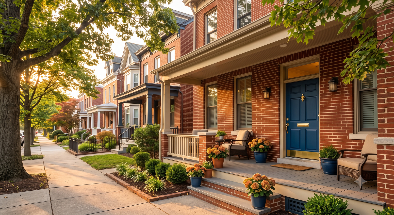 Beautiful Historic Maryland brick houses row with blue door at sunset