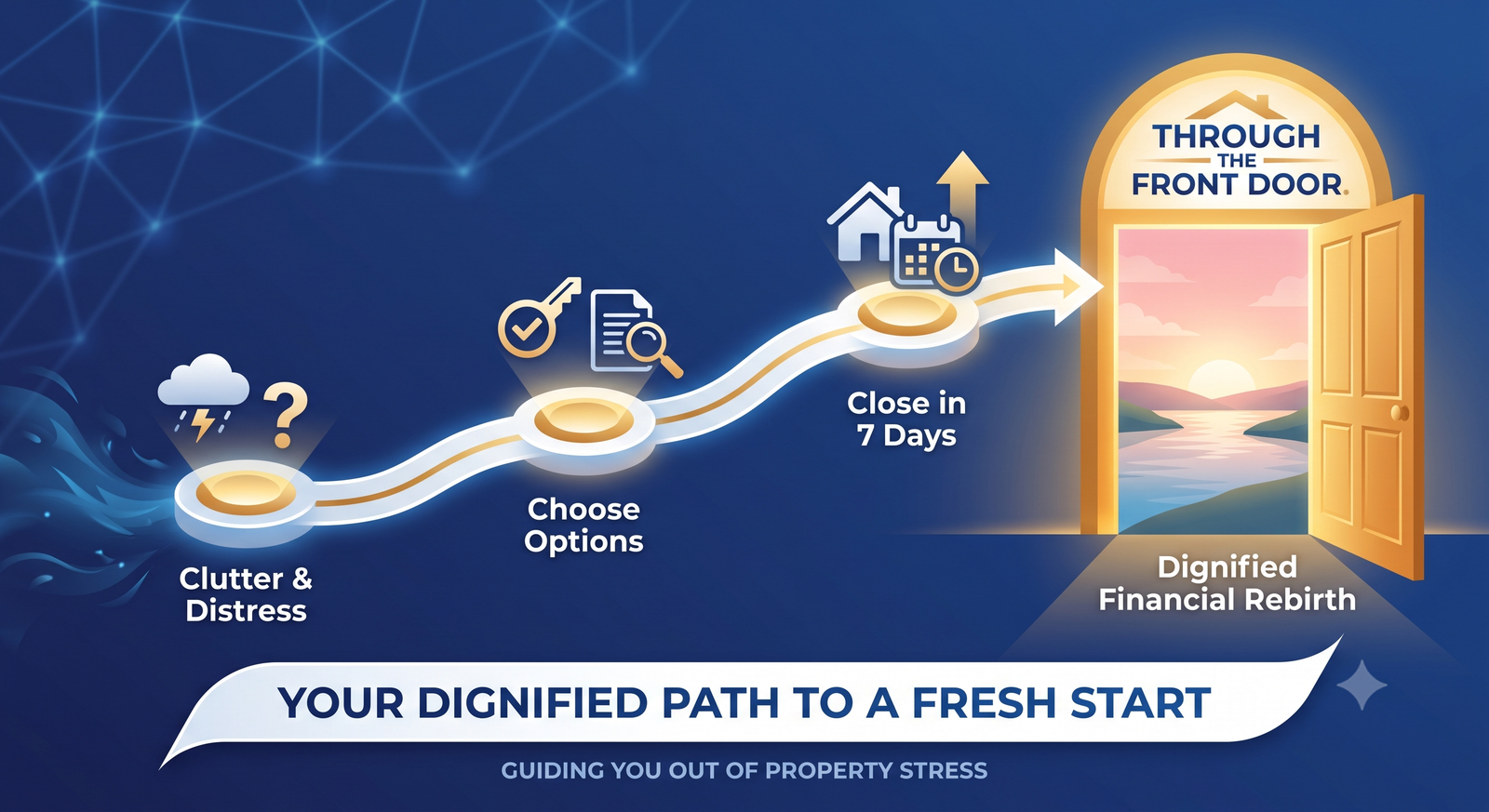 Interactive Flow showing Step 1: Clutter and Distress, Step 2: Choose Options, Step 3: Close in 7 Days, to Dignified Financial Rebirth